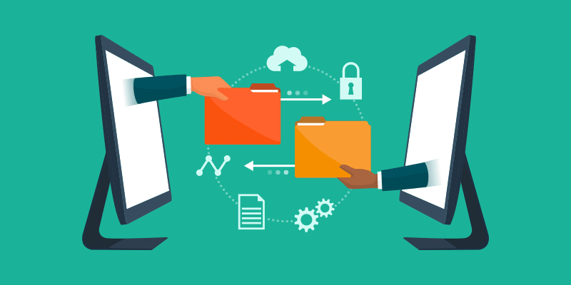 Two computer monitors with hands passing folders, symbolizing SaaS file sharing security, with research and BetterCloud icons in the background.