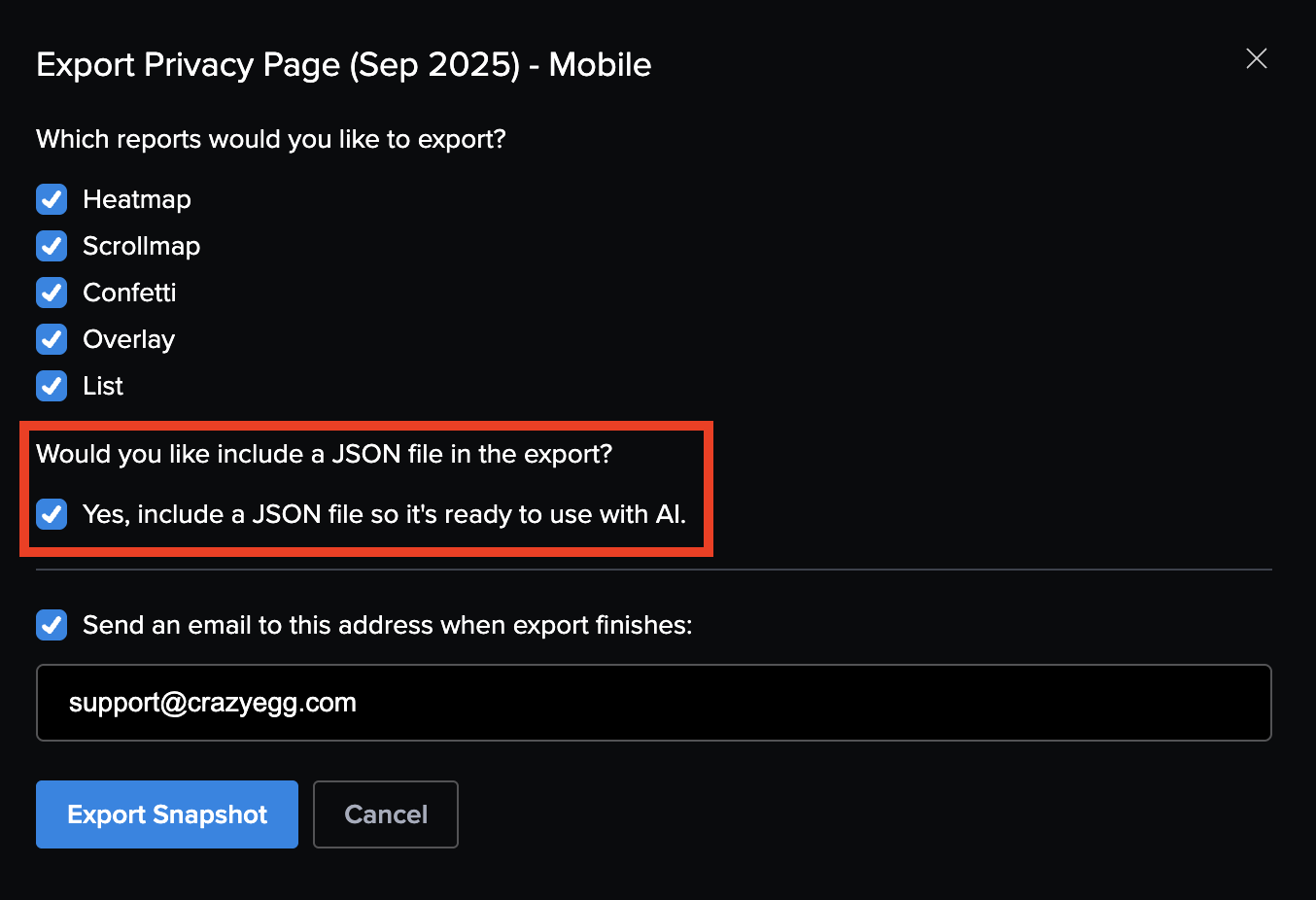 Screenshot of the "Export to AI" option menu, within Crazy Egg Heatmaps.