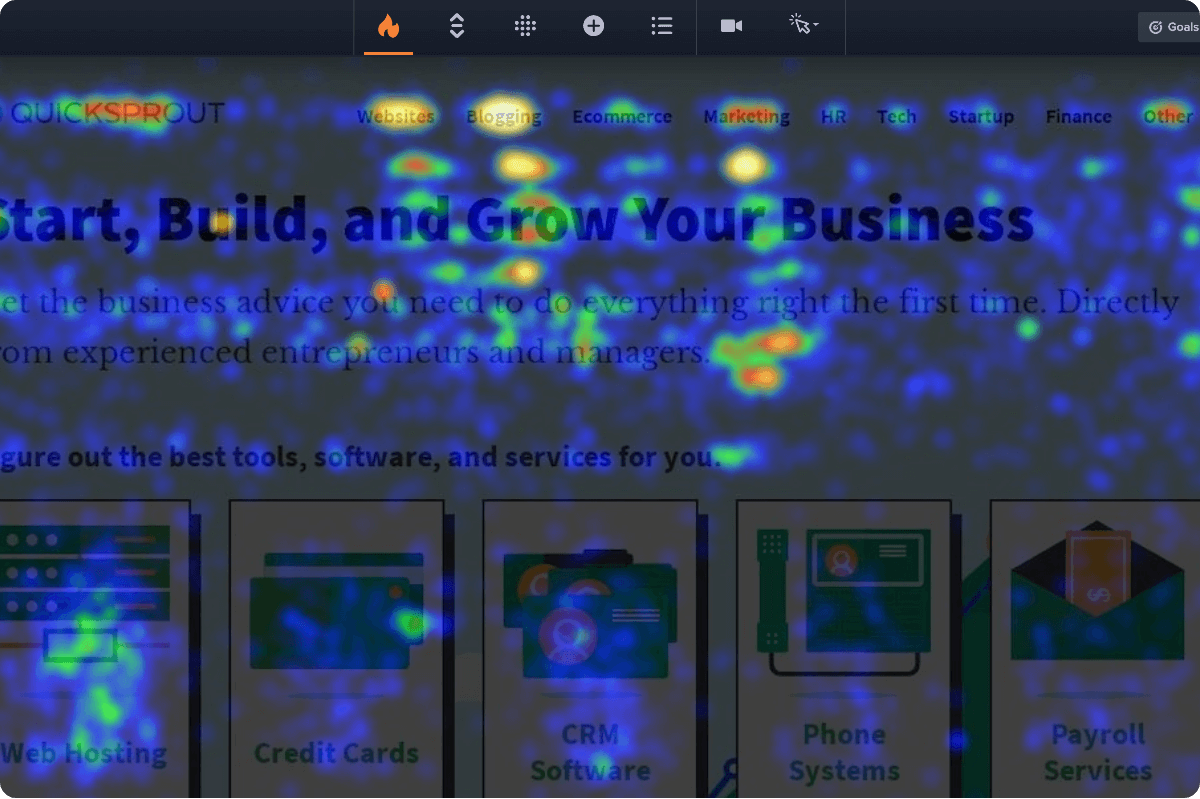 Crazy Egg heatmap overlay on a dark website showing click activity.